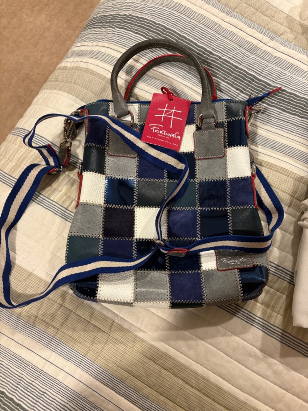 Italian Patchwork Blue & White Leather Tote with Adjustable Strap